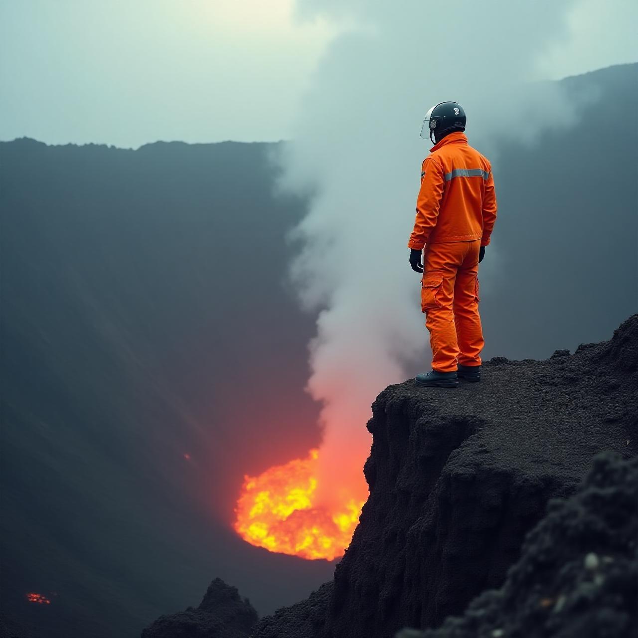 Safety officer at the rim of an active volcano
